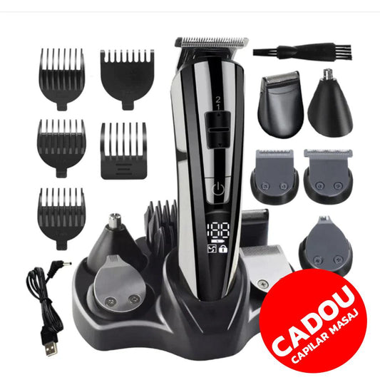 Masina de Tuns Barba si Parul 11in1, Afisaj LCD, 2 Trepte de Viteza, Autonomie 60 min, Nas, Suport, Acumulator USB, Gri/Cupru