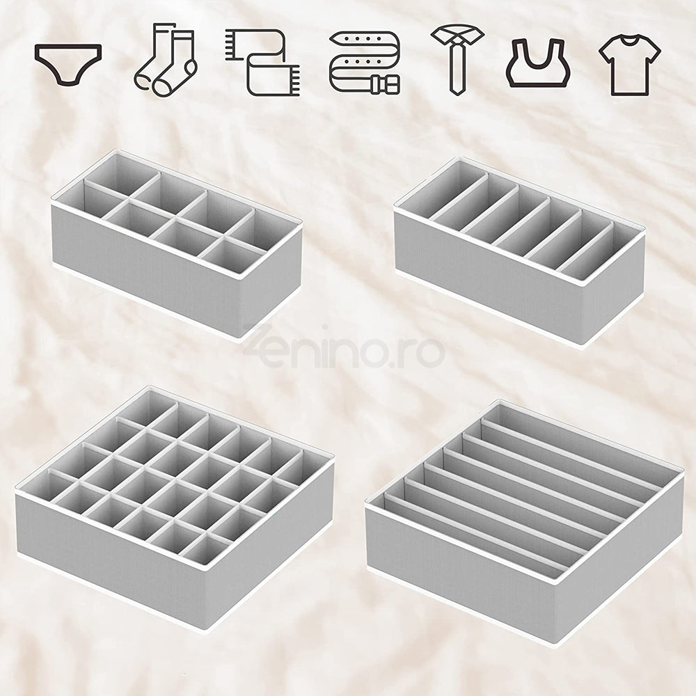 Set Organizator Lenjerie - 4 Piese, 43 Compartimente de Depozitare, Pliabile, pentru Dulap/Sertar, Gri