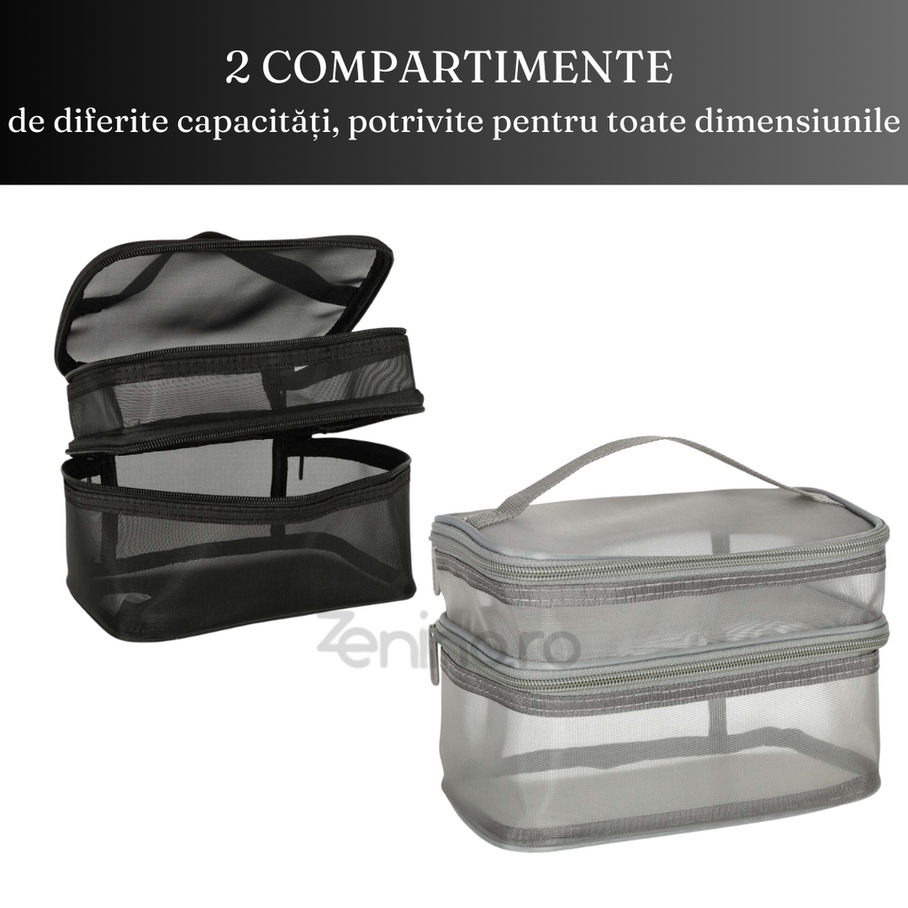 Organizator Cosmetice pentru Calatorii, 2 Compartimente, Inchidere cu Fermoar, Compact si Incapator, Dimensiuni Reduse, Pliabil