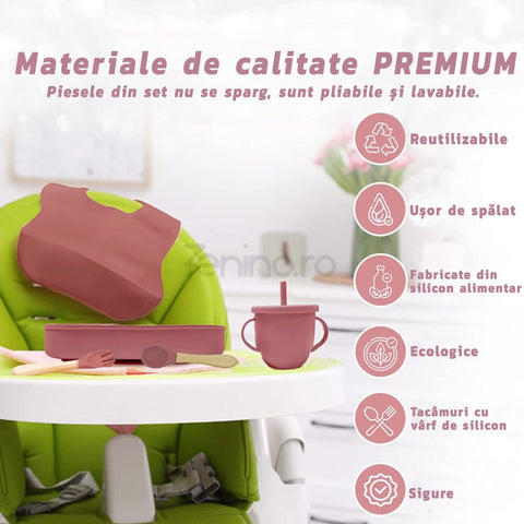 Set Hranire Bebelusi - 9 Piese, Termorezistente, Non-Toxice, Pliabile, Portabile, Usor de Curatat, Albastru