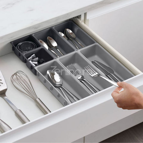 Organizator Sertar, 10 Compartimente, Bucatarie, Unelte, Birotica, Spatios, Sistem Prindere, 52x43.5x5cm, Alb/Gri