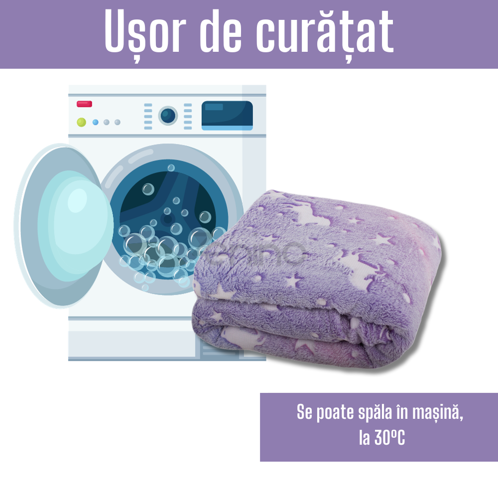 Patura Pufoasa si Calduroasa - din Fleece, Confortabil, Moale, Mentine Caldura, Imprimeu Fosforescent, Adulti si Copii, 150x200