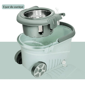 Set Mop Rotativ Si Galeata, Rezistent, cu Storcator, Vas Detasabil, Orificiu de Scurgere, Plastic si Microfibra, Capacitate 8 L, Verde