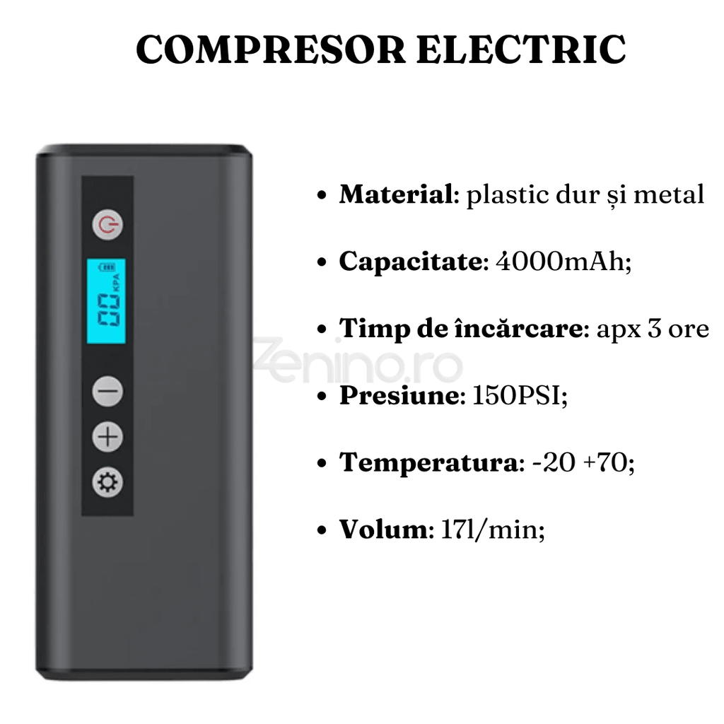 Compresor Electric Portabil, 150PSI, Lanterna LED Incorporata, Oprire Automata, Afisaj LCD, Incarcare USB, Dimensiune Compacta, Negru