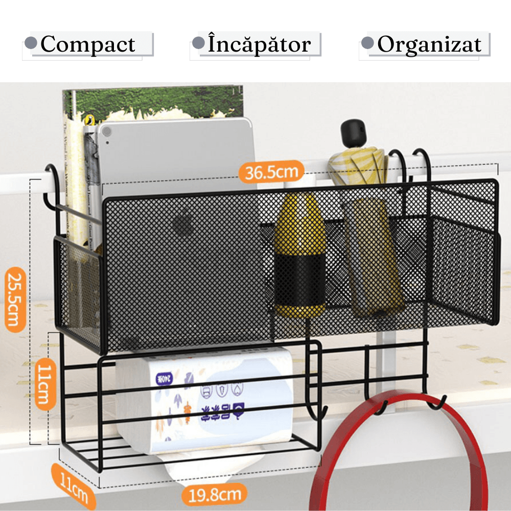 Organizator Suspendat, din Metal, 3 Carlige, Incapator, Rezistent, Negru/Alb, 25x37x13cm