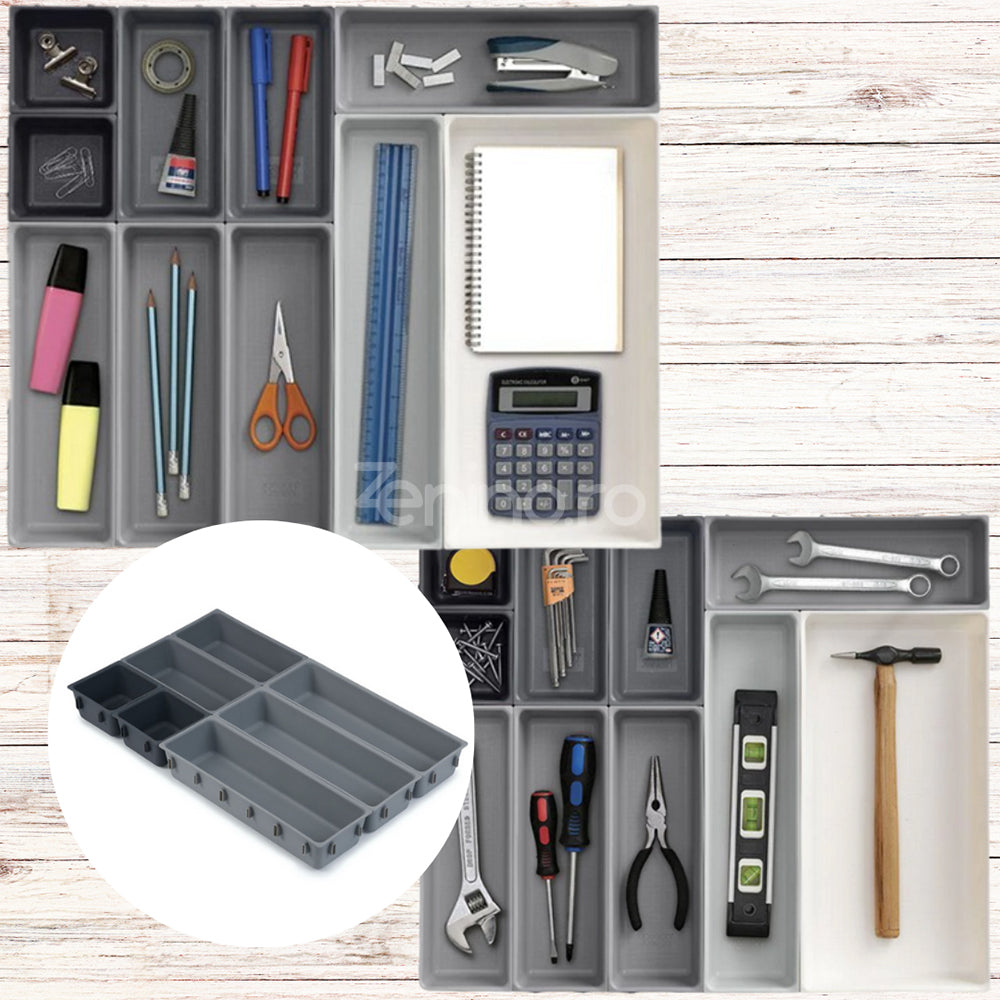Organizator Sertar, 10 Compartimente, Bucatarie, Unelte, Birotica, Spatios, Sistem Prindere, 52x43.5x5cm, Alb/Gri