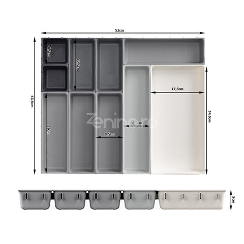 Organizator Sertar, 10 Compartimente, Bucatarie, Unelte, Birotica, Spatios, Sistem Prindere, 52x43.5x5cm, Alb/Gri