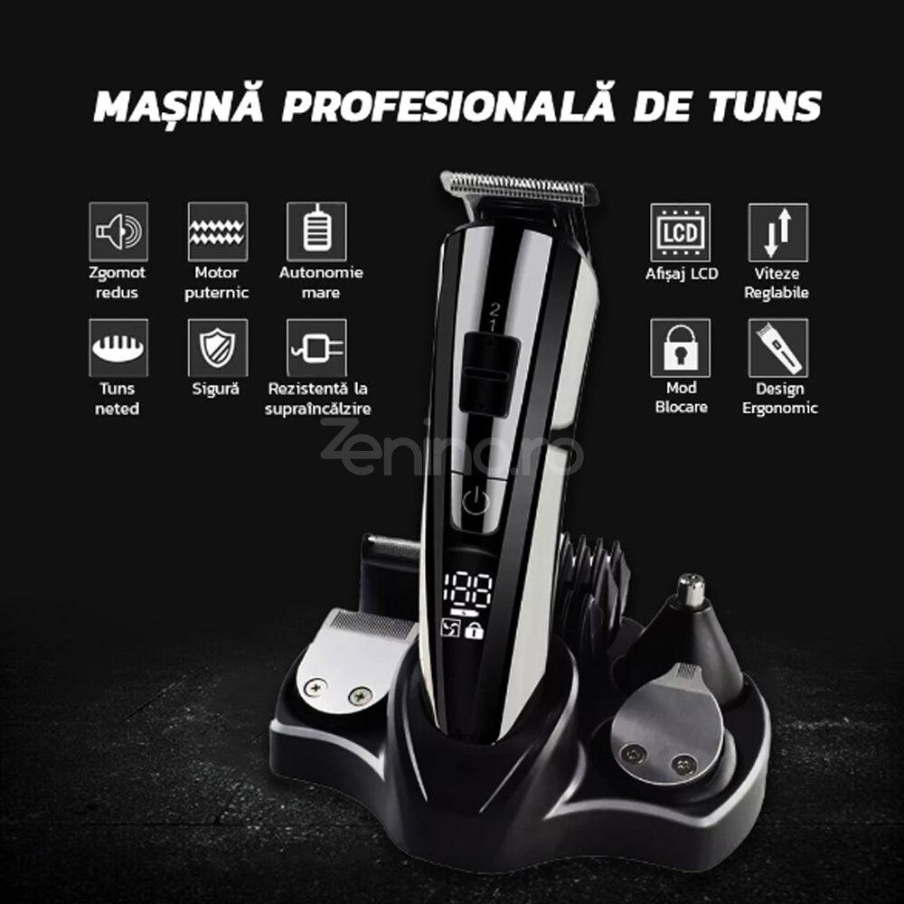 Masina de Tuns Barba si Parul 11in1, Afisaj LCD, 2 Trepte de Viteza, Autonomie 60 min, Nas, Suport, Acumulator USB, Gri/Cupru