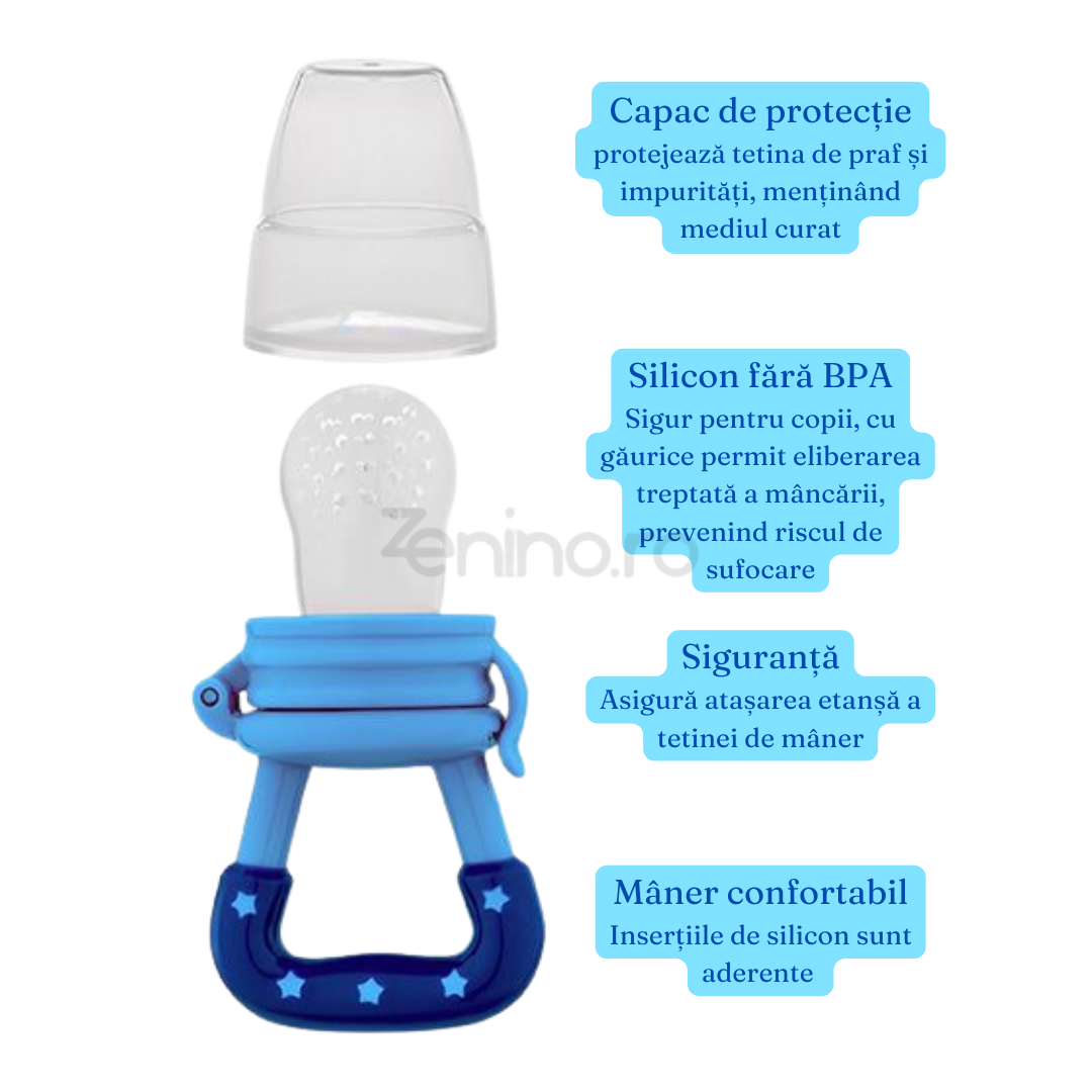 Suzeta pentru Diversificare, Dentitie, pentru Fructe, Piure, Fara BPA, Capac de Protectie, Inchidere Etansa, Usor de Curatat, Albastru