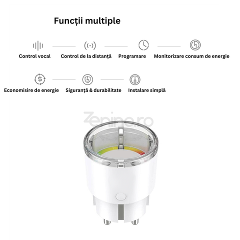 Priza Inteligenta Programabila - Control Vocal, Aplicatie, Monitorizare Consum, Economisire Energie, Google Assistant, Alb