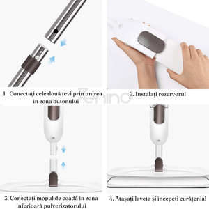 Mop Plat cu Pulverizator, Rezervor 350 ml, Multiple Suprafete, Compact, Maner Ergonomic, Curatare Eficienta, Usor de Manevrat, cu Doua Rezerve din Microfibra, 125 x 40 cm