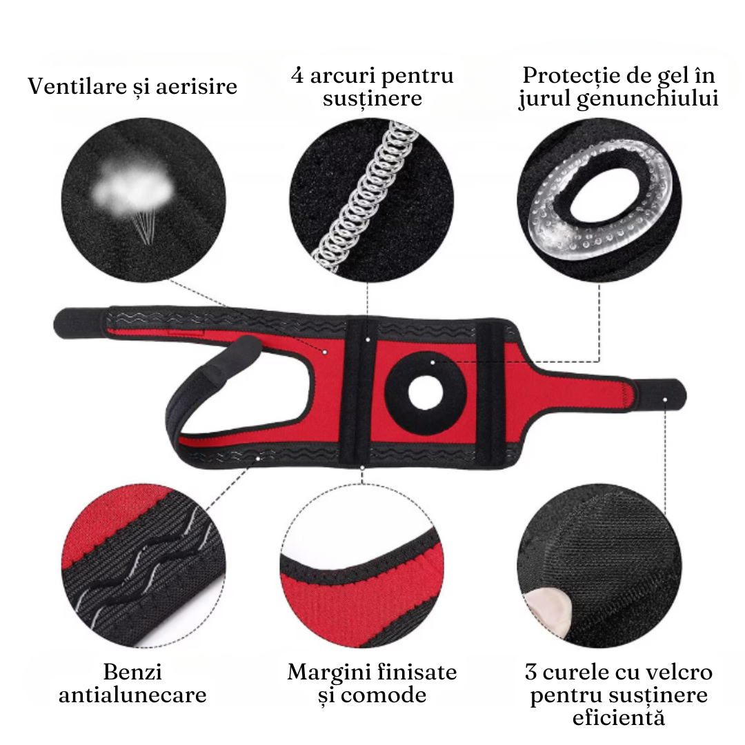 Orteza Genunchi cu 3 Prinderi, Benzi Ajustabile, Mărime Universală, Prindere Velcro, Burete EVA, Negru/Roșu