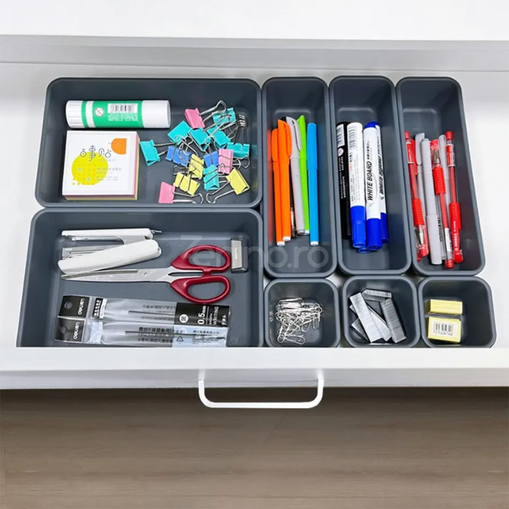 Set 8 Organizatoare Sertar - 3 Dimensiuni, pentru Papetarie, Cosmetice, Accesorii, din Plastic, Gri