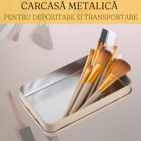 Set 12 Pensule Profesionale de Machiaj Zenino - Potrivite pentru Pudra, Fard, Gene, Conturare, Cutie Metalica Depozitare, Usor de Curatat, Crem