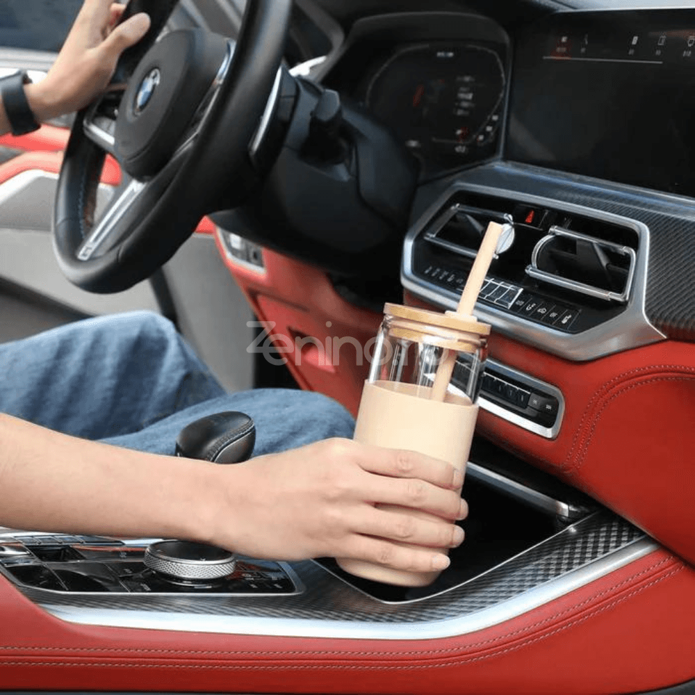 Set of 2 Insulated Glass Cups, 500ml, Bamboo Lid, Non-Toxic, Silicone Protection, Black, Cream
