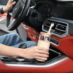 Set of 2 Insulated Glass Cups, 500ml, Bamboo Lid, Non-Toxic, Silicone Protection, Black, Cream