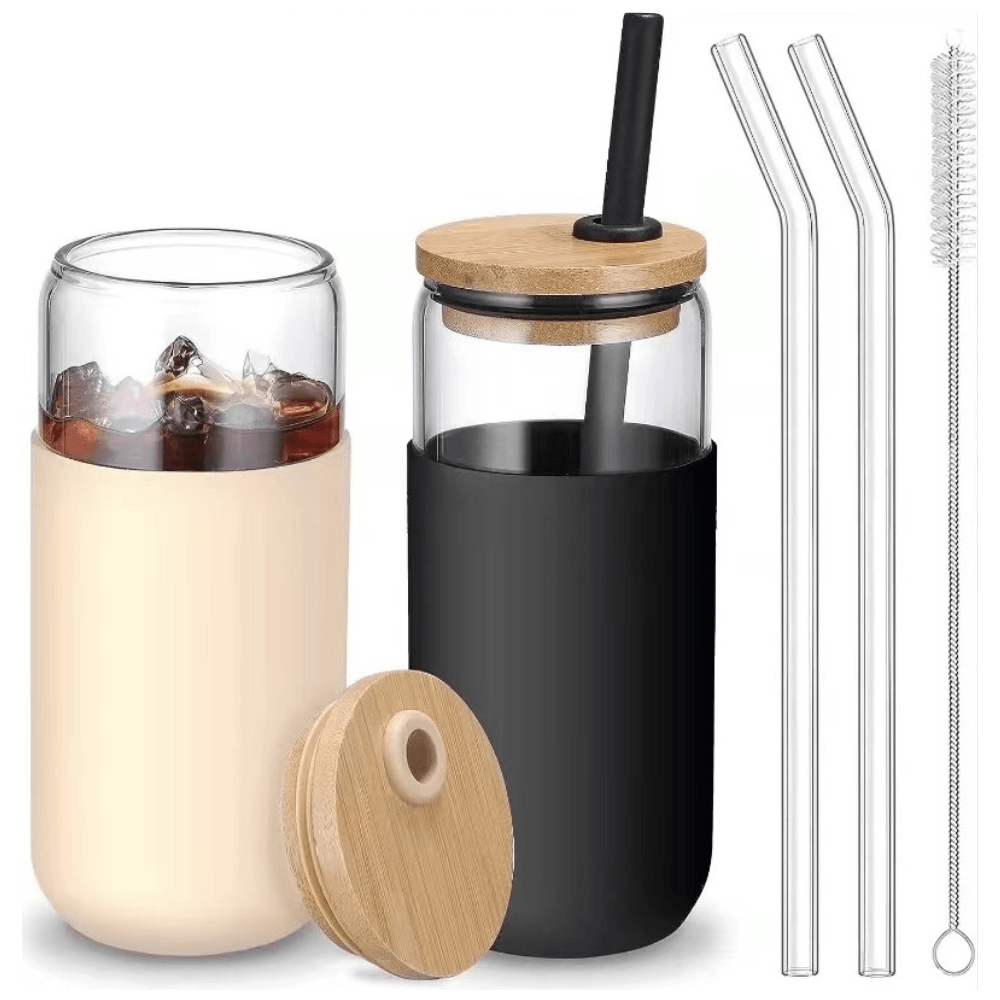Set of 2 Insulated Glass Cups, 500ml, Bamboo Lid, Non-Toxic, Silicone Protection, Black, Cream
