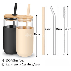 Set of 2 Insulated Glass Cups, 500ml, Bamboo Lid, Non-Toxic, Silicone Protection, Black, Cream