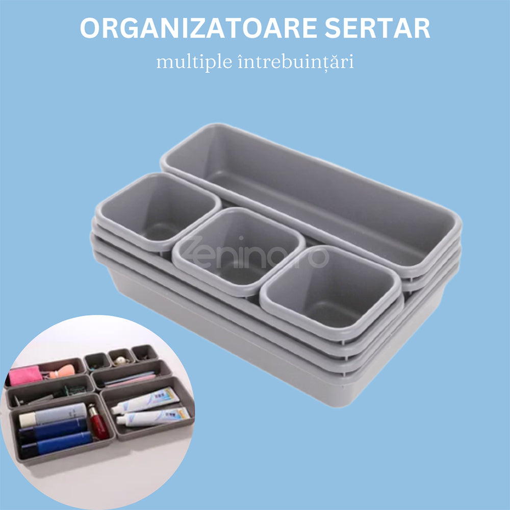 Set 8 Organizatoare Sertar - 3 Dimensiuni, pentru Papetarie, Cosmetice, Accesorii, din Plastic, Gri