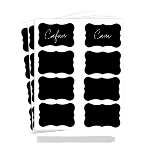 Set 24 Etichete Autoadezive, Dezlipire Usoara, pentru Borcane, Vase, Sticle, Carioca Alba inclusa, PVC, 5cm x 3.5cm, Negru