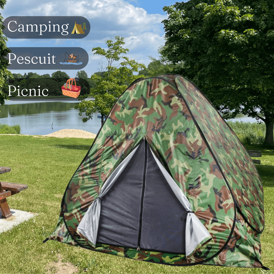 Cort Camping Instant, Capacitate 3-4 Persoane, 200x200cm, Impermeabil, Husa Inclusa, Camuflaj Army