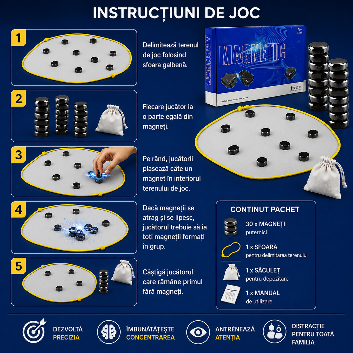 Joc Magnetic Arcade, cu 30 Magneti, Dezvolare Precizie, Numar Jucatori 1-4, Varsta 9+