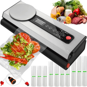 Вакуумна машина за запечатване на храна, вградена везна, 120 W, включени торбички, сива