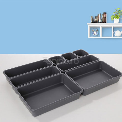 Set 8 Organizatoare Sertar - 3 Dimensiuni, pentru Papetarie, Cosmetice, Accesorii, din Plastic, Gri