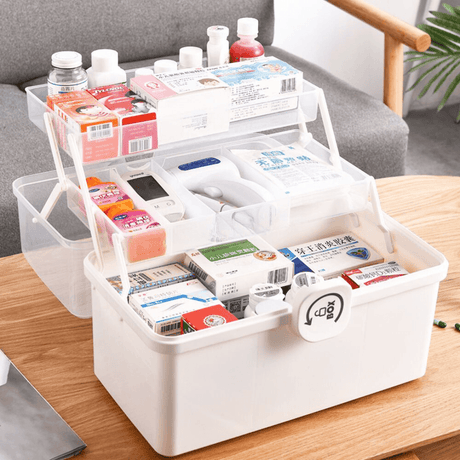 Medicine Organizer, 3 Compartments, Foldable Shelves, Portable, Secure Closure, Cream
