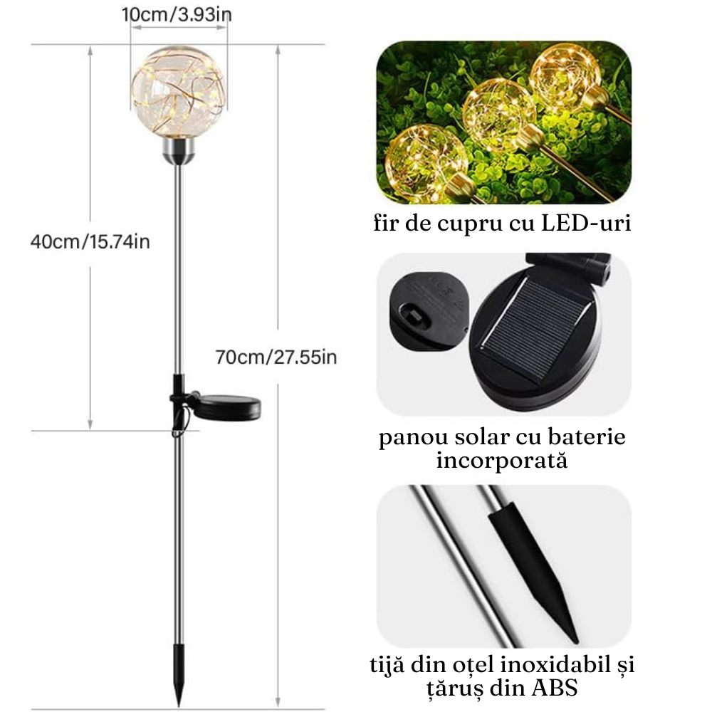 Set 2 Lampi Solare Gradina, 800mAh, Becuri LED, Fir de Cupru, IP65, Inaltime 70cm