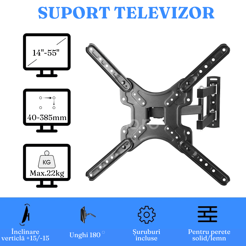 Suport Televizor, Fixare in Perete, Suruburi Incluse, Max.22kg., Unghi Ajustabil, Rotire 180, din Metal, Negru