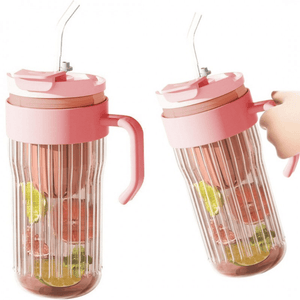 Cana din Sticla 2in1, Capacitate 550ml, pentru Ceai/Cafea, Pai Reutilizabil, cu Maner, Verde, Mov, Roz