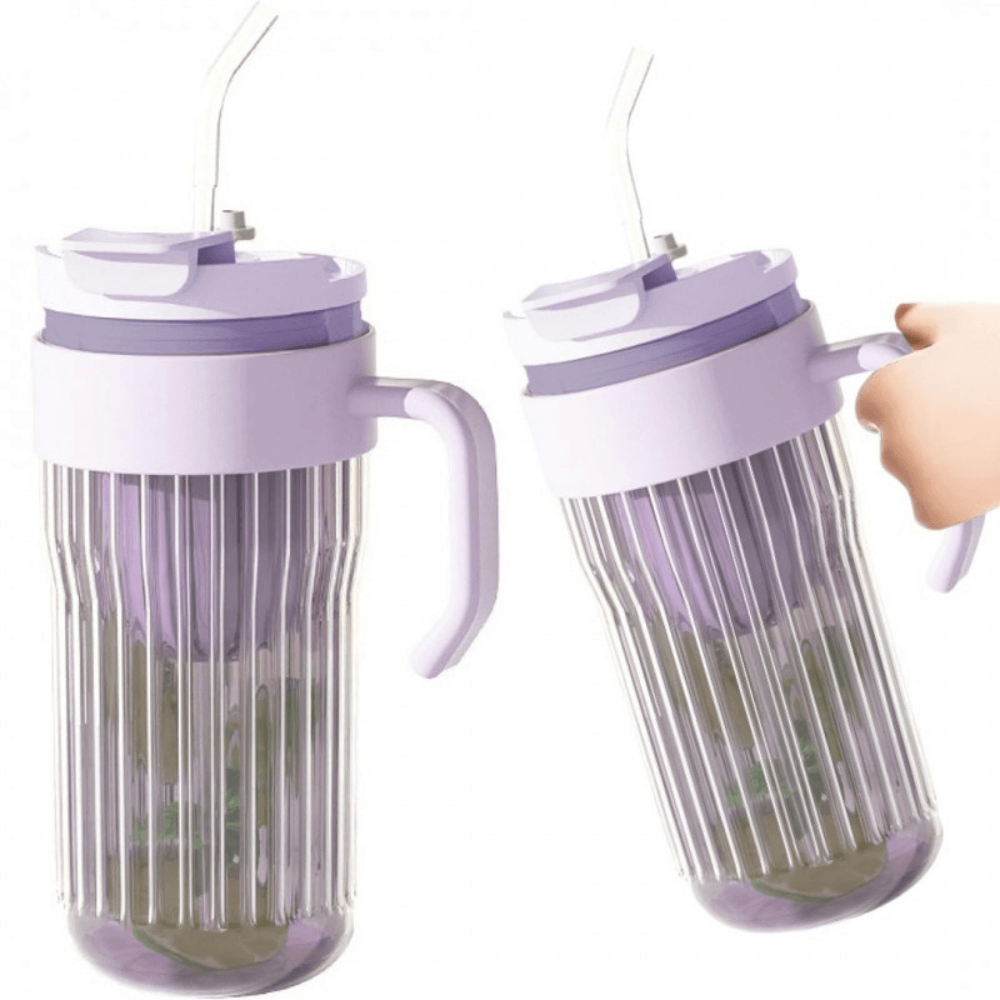 Cana din Sticla 2in1, Capacitate 550ml, pentru Ceai/Cafea, Pai Reutilizabil, cu Maner, Verde, Mov, Roz