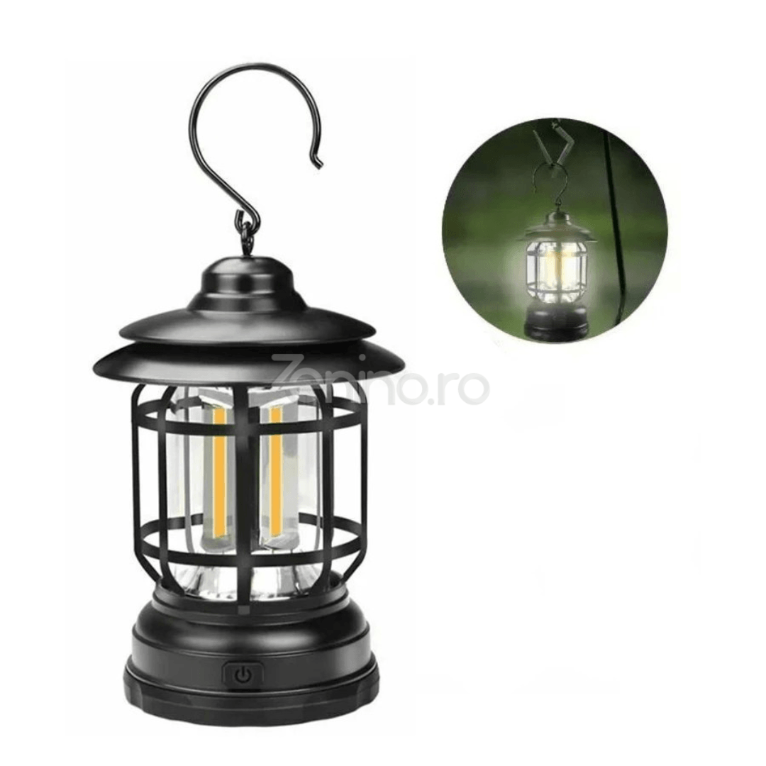 Lampa Camping Portabila, 5W, Tip Felinar, 1200mAh, Intensitate Reglabila, 21 COB LED, Incarcare USB, Negru, Verde, Rosu