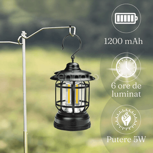 Преносима къмпинг лампа, 5W, тип фенер, 1200mAh, регулируем интензитет, 21 COB LED, USB зареждане, черна, зелена, червена