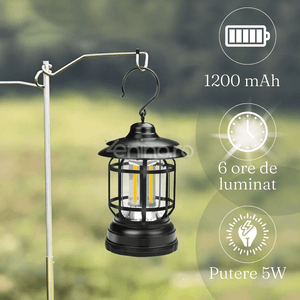 Lampa Camping Portabila, 5W, Tip Felinar, 1200mAh, Intensitate Reglabila, 21 COB LED, Incarcare USB, Negru, Verde, Rosu