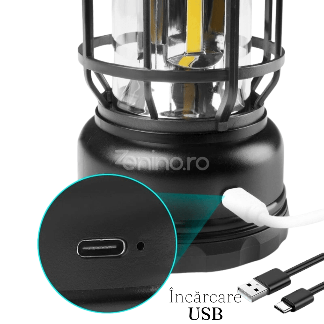 Lampa Camping Portabila, 5W, Tip Felinar, 1200mAh, Intensitate Reglabila, 21 COB LED, Incarcare USB, Negru, Verde, Rosu