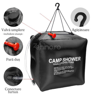 Dus Portabil cu Incalzire Solara, pentru Camping, 20/40L, Inchidere Etansa, Maner pentru Agatare, Usor de Umplut, Negru