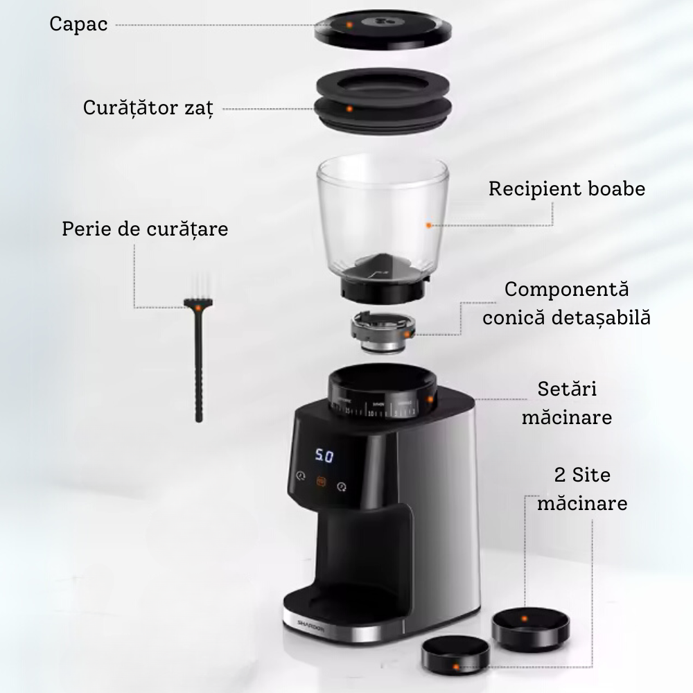 Rasnita Electrica Cafea, 51 Niveluri de Macinare, Ecran Digital, Control Tactil, Suport Portafiltru, Lame Titan