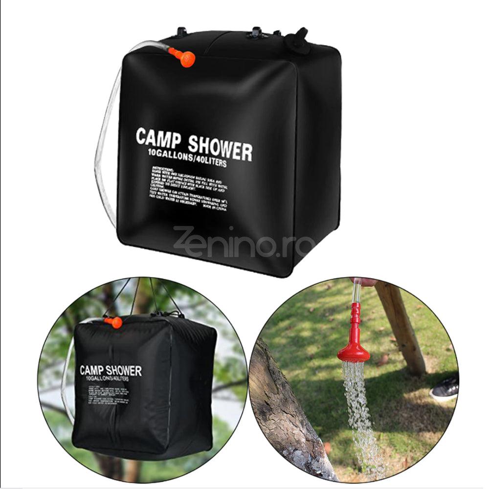 Dus Portabil cu Incalzire Solara, pentru Camping, 20/40L, Inchidere Etansa, Maner pentru Agatare, Usor de Umplut, Negru