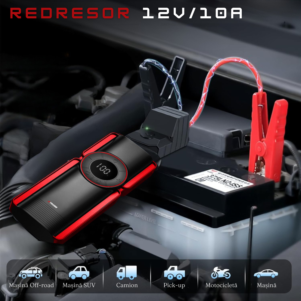 6в1 Автомобилен токоизправител, Стартер 800A, 120W, 12V/10A, 10000 mAh, LED фенерче, Компресор