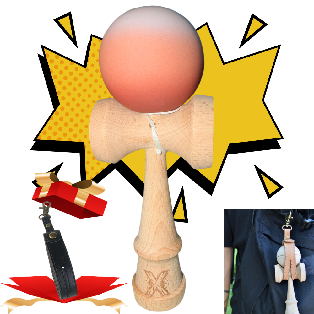 Kendama X Original + Husa Breloc Cadou, Rubber Grip, 18cm, Lemn, Joc Interactiv, Copii si Adulti