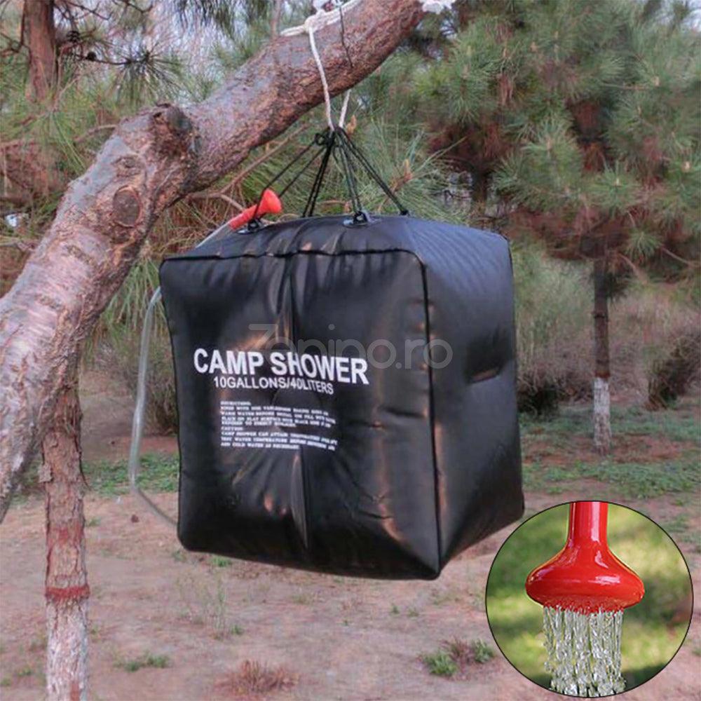 Dus Portabil cu Incalzire Solara, pentru Camping, 20/40L, Inchidere Etansa, Maner pentru Agatare, Usor de Umplut, Negru