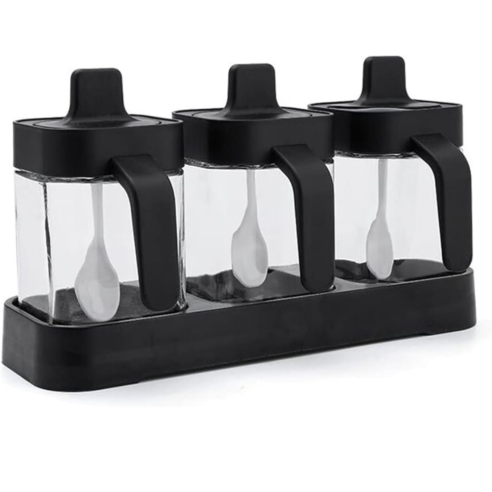 Set 3 Recipiente Condimente, 400ml, cu Lingurita, Sticla Borosilicat, Transparent/Negru