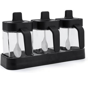 Set 3 Recipiente Condimente, 400ml, cu Lingurita, Sticla Borosilicat, Transparent/Negru