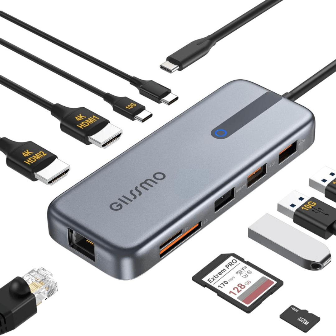Adaptor HUB 10in1, 1000Mbs/s, Porturi USB, HDMI, Ethernet, Sloturi Card Memorie, Aluminiu, Gri