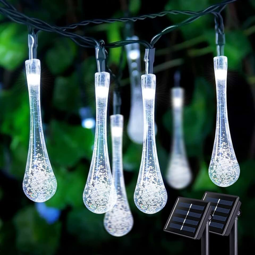 Instalatie Solara, Model Picaturi, 6m, 28 LED-uri, 8 Ore Lumina, Liniara, Alb Cald, Alb Rece si Multicolor, 600mAh