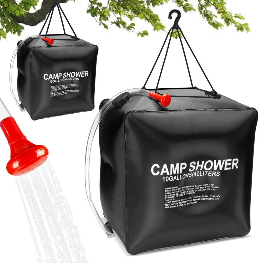 Portable Solar Heated Shower, for Camping, 20/40L, Leakproof Closure, Hanging Handle, Easy to Fill, Black