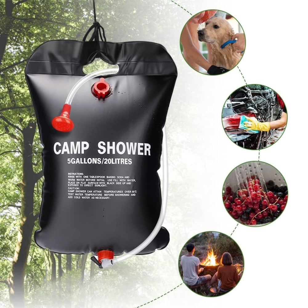 Portable Solar Heated Shower, for Camping, 20/40L, Leakproof Closure, Hanging Handle, Easy to Fill, Black
