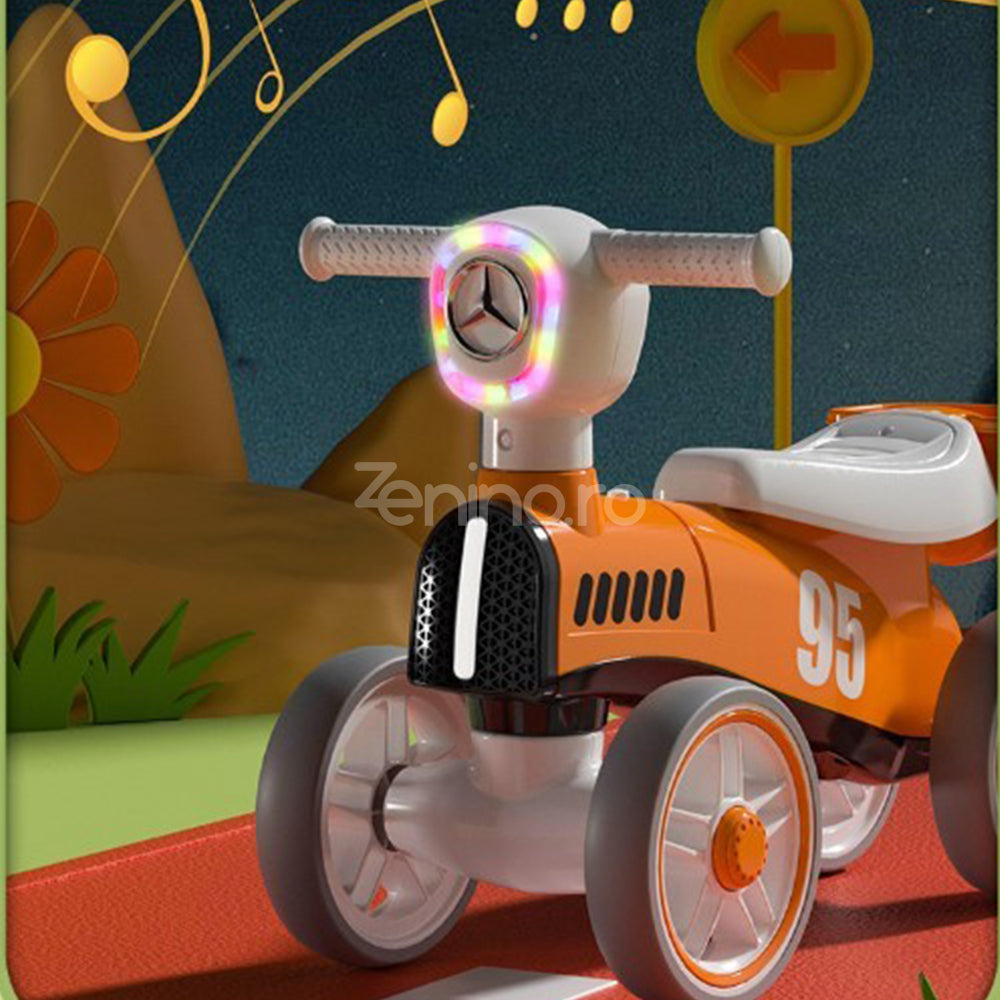 Tricicleta pentru Copii, Fara Pedale, cu Lumini, Muzica, 4 Roti, 63x24x41cm, Portocaliu